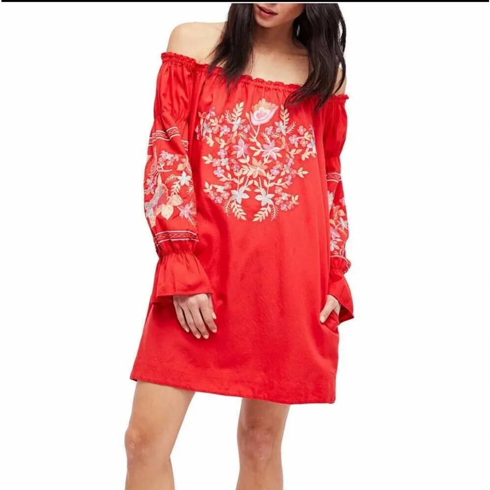 Free People Fleur Du Jour Embroidered Floral‎ Tunic Shift Mini Dress Boho XS/TP